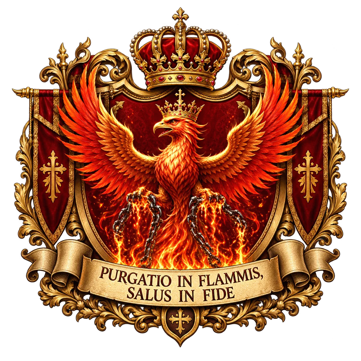 Escudo oficial del Sacro Imperio del Fénix — Resplandor solar y llama sagrada