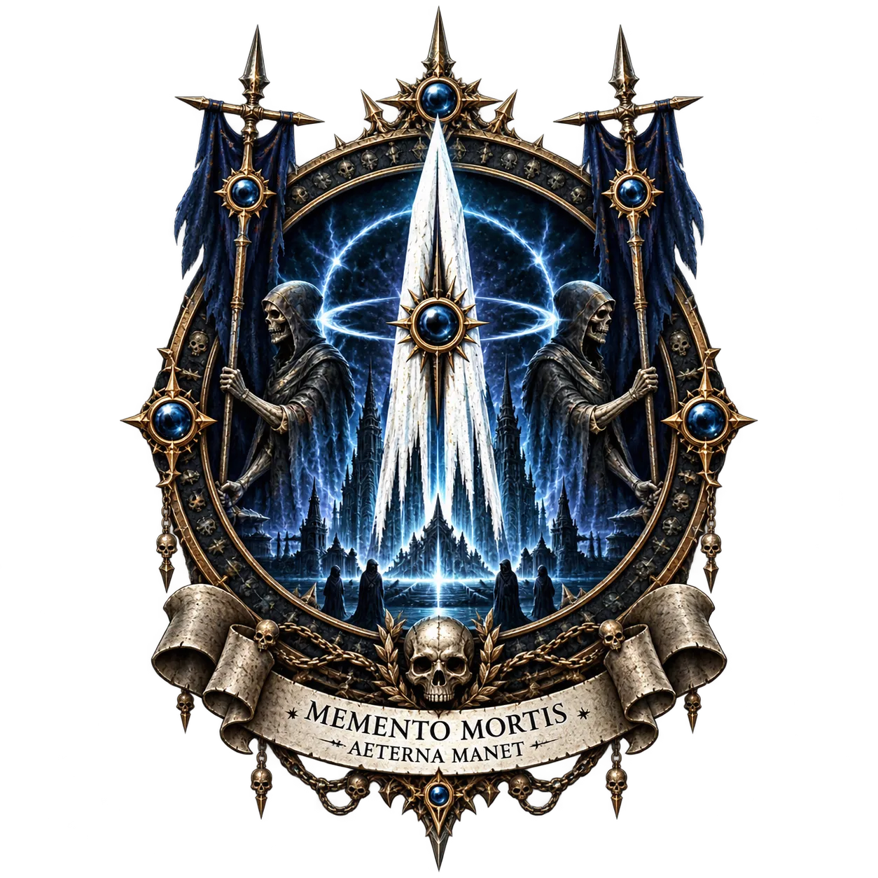 Sello de Estado oficial del Necroimperium — El Obelisco Blanco y el Ojo de la Muerte